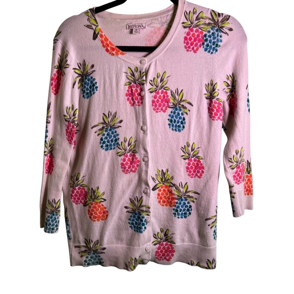 Merona Womens Cardigan Sweater Pineapple Print Pink Size M